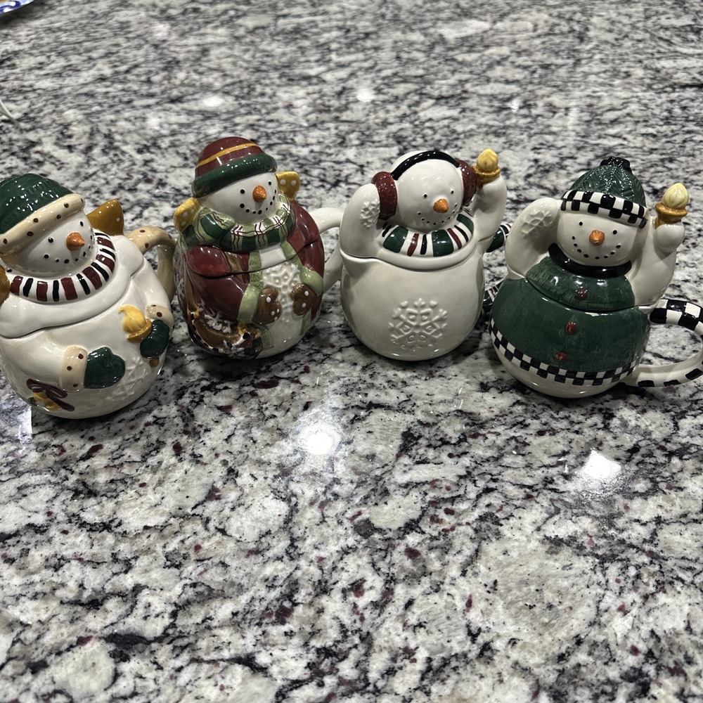 Set Of 4 Debbie Mumm ANGEL SNOWMAN 2000 Coffee Mug Tea Cup Christmas Holiday
